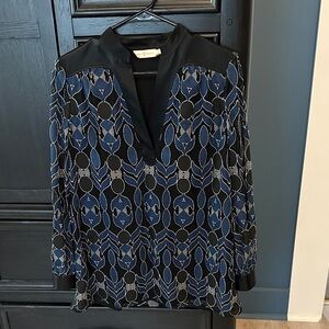 Tory Burch Blue Patterned V-Neck Blouse - Women's Top
